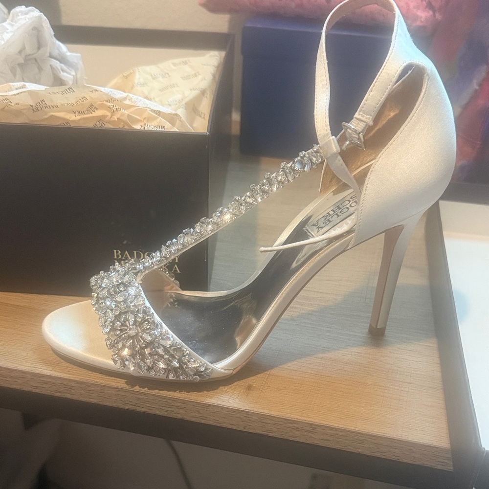 Badgley Mischka Silver Satin Heels with Embellishments